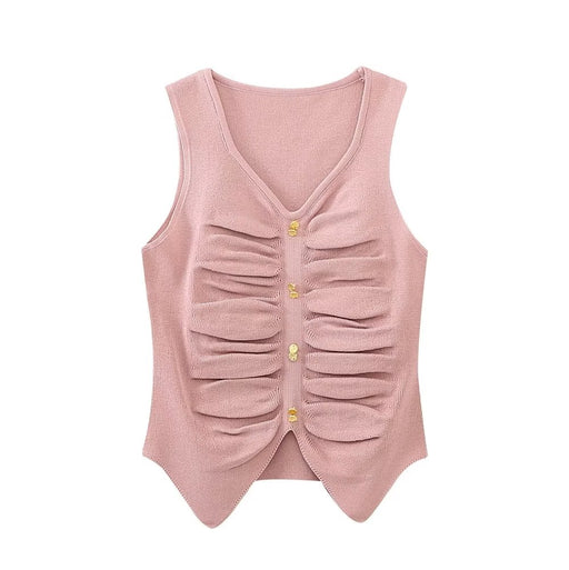 Color-Pink-Spring Summer Fold Split Sexy Sling Bottoming Vest Women All Matching Sleeveless Slim Pullover Top-Fancey Boutique