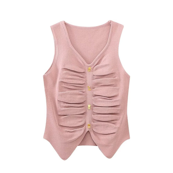 Color-Pink-Spring Summer Fold Split Sexy Sling Bottoming Vest Women All Matching Sleeveless Slim Pullover Top-Fancey Boutique