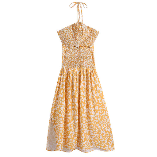 Spring Halter Elastic Printed Dress-Yellow-Fancey Boutique