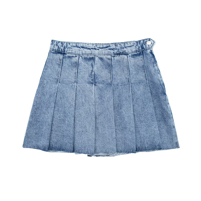 Color-Light Blue-Spring Women Street Wide Pleated Denim Mini Skirt-Fancey Boutique