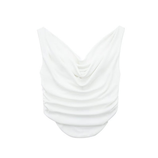 Spring European French Drape Neckline Satin Sleeveless Top Women Shirt Solid-White-Fancey Boutique