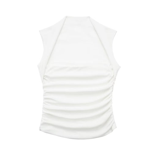 Color-White-Spring Halter Sleeveless Trim Slim Pleated White Top-Fancey Boutique