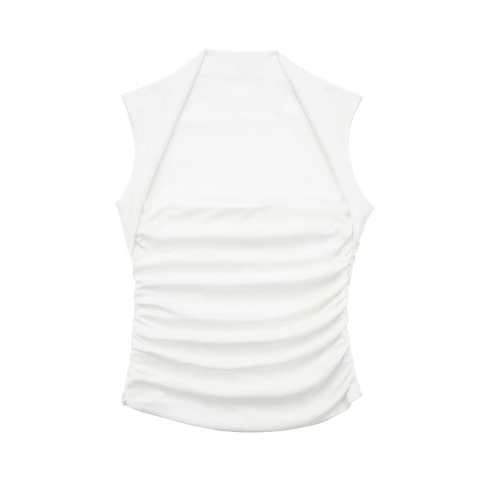 Color-White-Spring Halter Sleeveless Trim Slim Pleated White Top-Fancey Boutique
