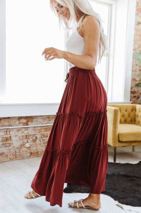 Color-Burgundy-Belia Spring Summer Elastic High Waist Rayon Solid Color SU Pleated Stitching Simple All Match Women Clothing Skirt-Fancey Boutique