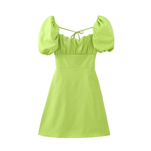 Color-Green-Puff Sleeve Pleated Square Collar Bare Back Linen Tied Dress-Fancey Boutique