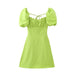 Color-Green-Puff Sleeve Pleated Square Collar Bare Back Linen Tied Dress-Fancey Boutique