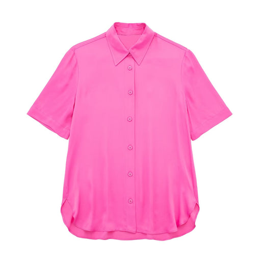 Spring Women Clothing Slit Design Silk Satin Texture Short Sleeve Shirt-Pink-Fancey Boutique