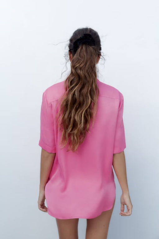 Spring Women Clothing Slit Design Silk Satin Texture Short Sleeve Shirt-Fancey Boutique