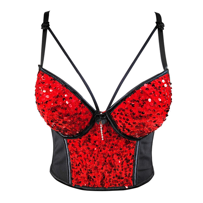 Color-Red-Mesh Stitching Velvet Sequined Underwear Short Chest Cover Tight Bandeau Sexy Sequin Embroidered Strap-Fancey Boutique