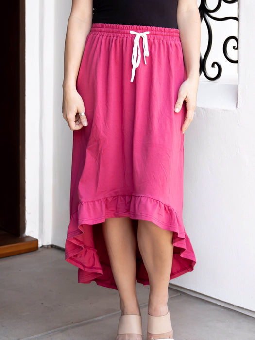 Color-Coral Red-Solid Color Pleated Stitching Irregular Asymmetric Casual All Matching Women Wear Skirt-Fancey Boutique