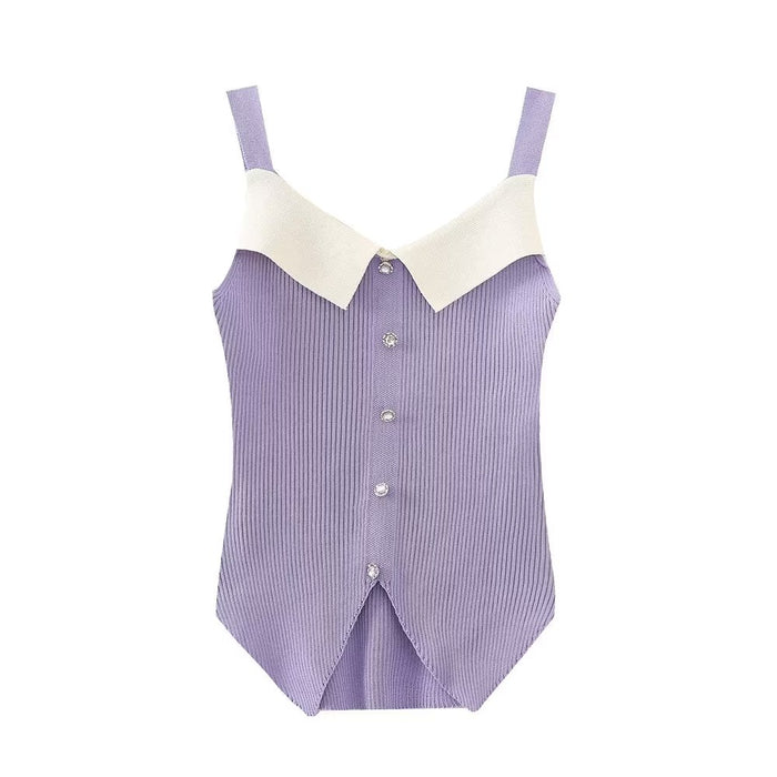 French Classic Square Collar Small Sling Women Summer Outer Wear Inner Wear Base Knitting Vest Sexy Sleeveless Top Tide-Purple-Fancey Boutique