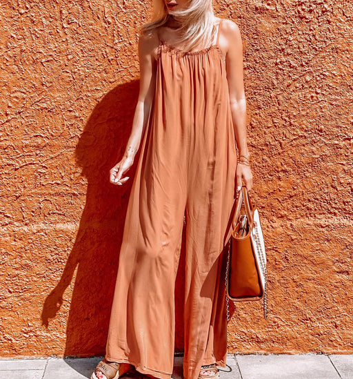 Color-Orange-Ladies Summer Vacation Casual Ice Silk Sling Loose Wide Leg Jumpsuit-Fancey Boutique