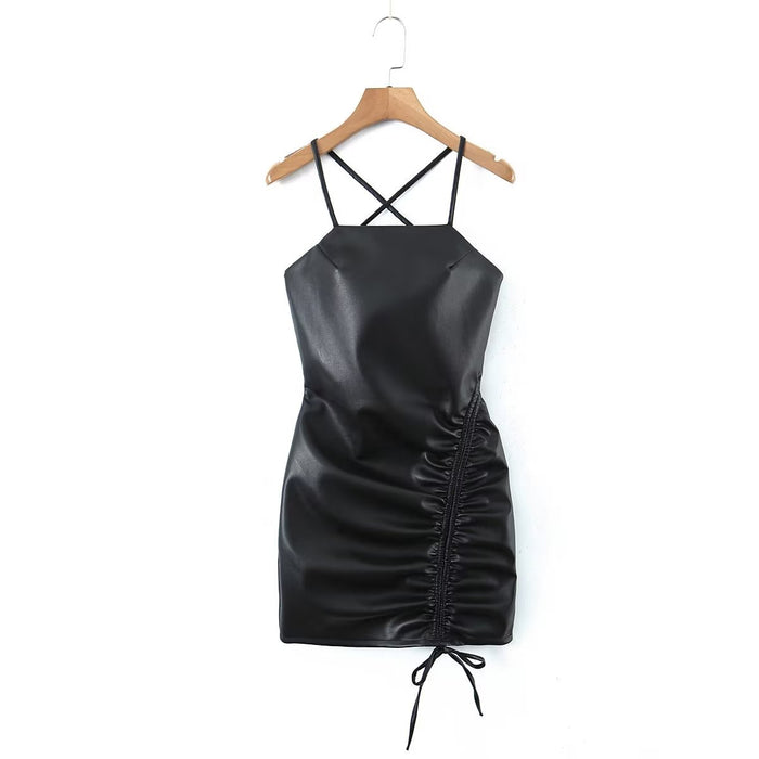 Color-Black-Spring Adult Lady Woman Sexy Side Drawstring Faux Leather Sling Leather Hip Dress-Fancey Boutique