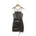 Color-Brown-Spring Adult Lady Woman Sexy Side Drawstring Faux Leather Sling Leather Hip Dress-Fancey Boutique