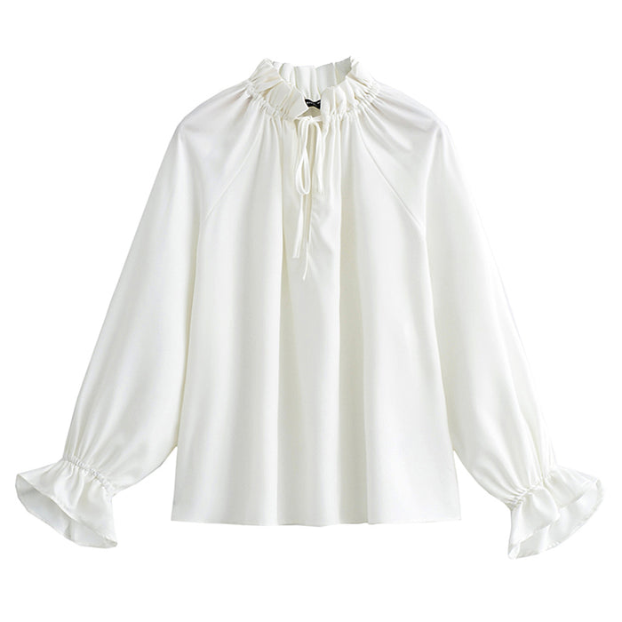 Spring Women Long Sleeve White Ruffled Shirt-White-Fancey Boutique