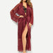 Color-Burgundy-Hollow Out Cutout out satin lace Long Sleeve Nightgown Bathrobe-Fancey Boutique