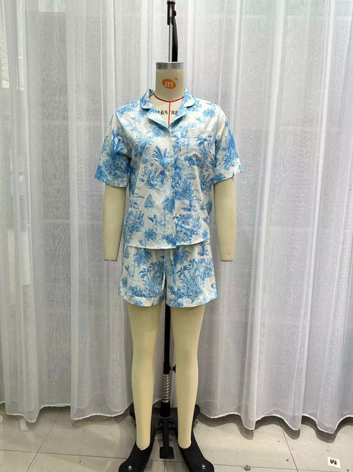 Color-Blue-Women Clothing Printing Collared Shirt Shorts Suit-Fancey Boutique