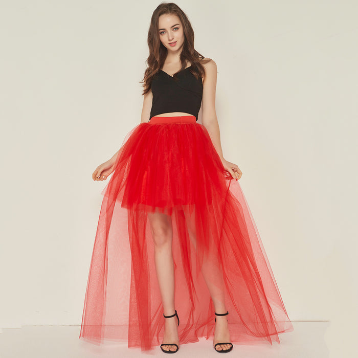 Color-Red-Sexy Irregular Asymmetric Tulle Skirt Solid Color Gauze Skirt Front Short Back Long Pettiskirt-Fancey Boutique