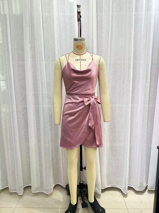 Color-Pink-Autumn Winter Women Wear Shoulder Strap Pleated Solid Color Irregular Asymmetric Dress-Fancey Boutique