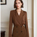 Color-Chestnut-Business Suit Dress Women Office V Neck Long Sleeve Shirt Collar A Line Dress-Fancey Boutique