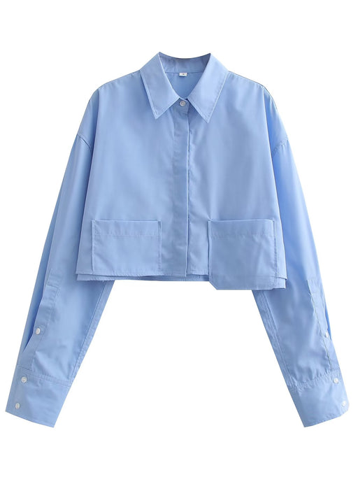 Color-Blue-Spring Women Clothing Collared Hem Pocket Decorative Long Sleeve Short Shirt-Fancey Boutique
