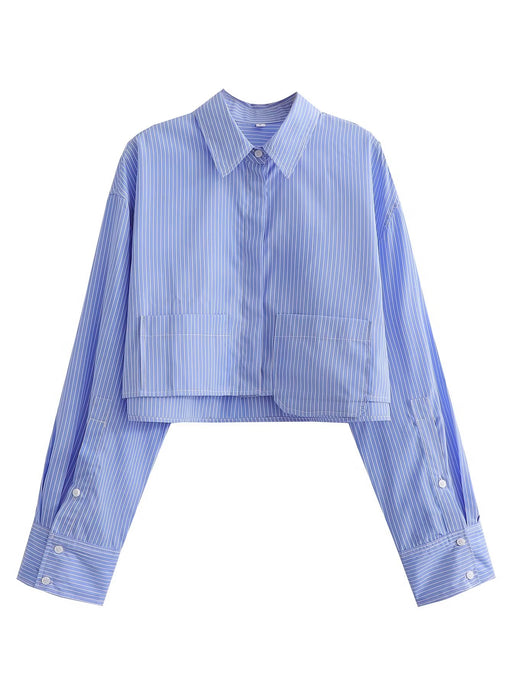 Color-Blue-1-Spring Women Clothing Collared Hem Pocket Decorative Long Sleeve Short Shirt-Fancey Boutique