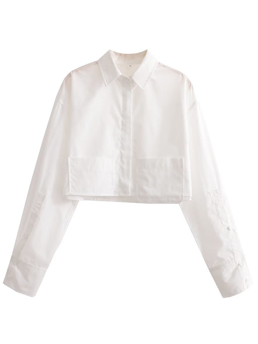 Color-White-Spring Women Clothing Collared Hem Pocket Decorative Long Sleeve Short Shirt-Fancey Boutique