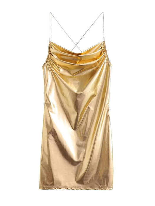 Color-Gold-Metallic Coated Fabric Summer Metallic Coated Fabric Faux Leather Suspender Pleated Waist Tight Slimming Slip Dress Short Dress-Fancey Boutique