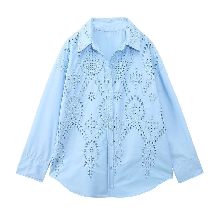 Color-Spring Loose Long Sleeve Collared Single Breasted Top Hollow Out Cutout Embroidered Shirt-Fancey Boutique
