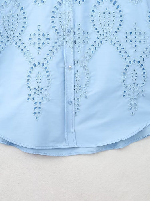 Color-Spring Loose Long Sleeve Collared Single Breasted Top Hollow Out Cutout Embroidered Shirt-Fancey Boutique