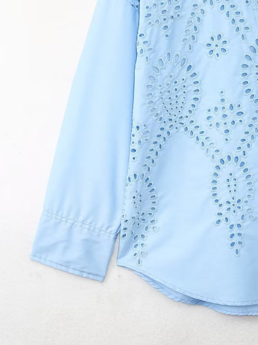 Color-Spring Loose Long Sleeve Collared Single Breasted Top Hollow Out Cutout Embroidered Shirt-Fancey Boutique