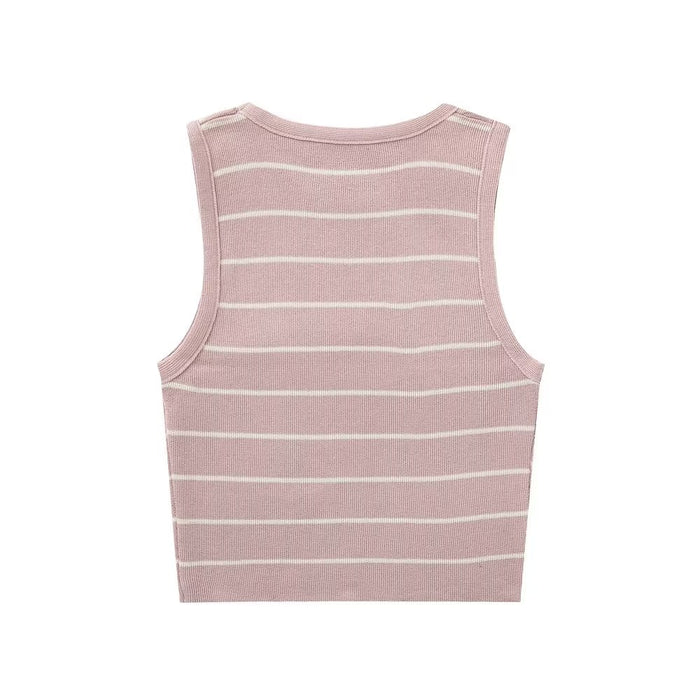 Striped Small Vest Sling Women Silk Inner Bottoming Shirt Summer Short Knitted Short Sleeved T shirt-Fancey Boutique