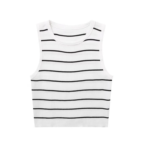 Striped Small Vest Sling Women Silk Inner Bottoming Shirt Summer Short Knitted Short Sleeved T shirt-White-Fancey Boutique