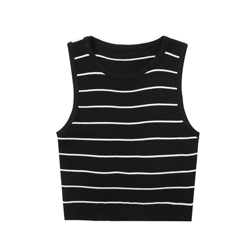 Striped Small Vest Sling Women Silk Inner Bottoming Shirt Summer Short Knitted Short Sleeved T shirt-Black-Fancey Boutique