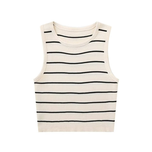 Striped Small Vest Sling Women Silk Inner Bottoming Shirt Summer Short Knitted Short Sleeved T shirt-Ivory-Fancey Boutique