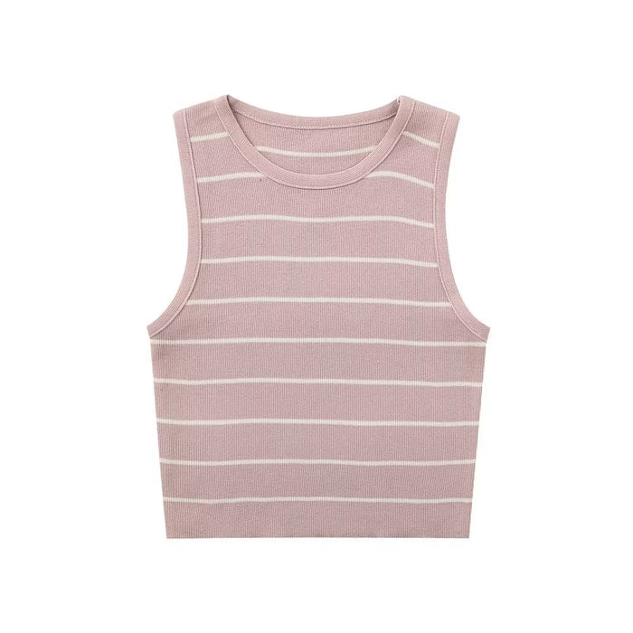 Striped Small Vest Sling Women Silk Inner Bottoming Shirt Summer Short Knitted Short Sleeved T shirt-Pink-Fancey Boutique