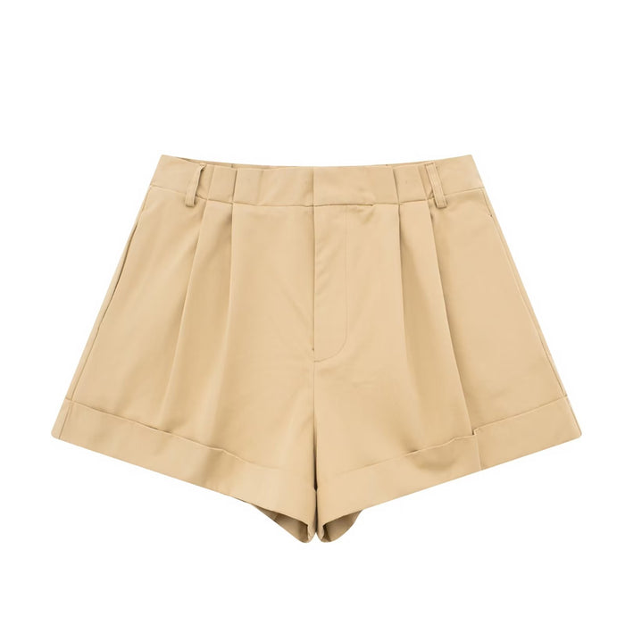 Color-Khaki-Spring Casual Loose A Line Wide Leg Boot Pant High Waist Pleated Casual Shorts-Fancey Boutique