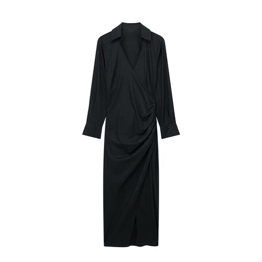 Color-Black-Autumn Women Clothing Pleated Decorative Shirt Dress-Fancey Boutique