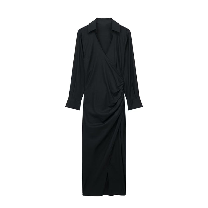 Color-Black-Autumn Women Clothing Pleated Decorative Shirt Dress-Fancey Boutique