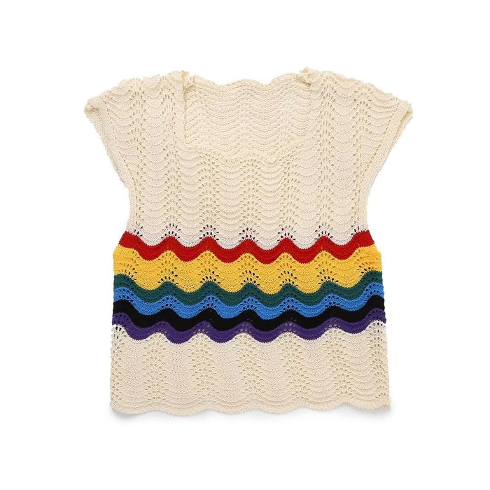 Knitted Vest Summer Contrast Color Striped Letters Crocheted Hollow Out Cutout Design round Neck Sweater Top-Fancey Boutique