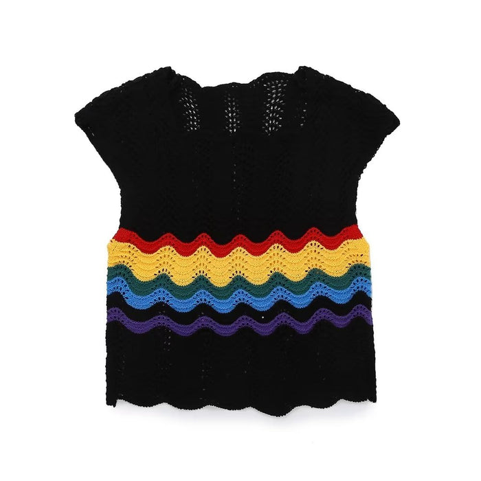 Knitted Vest Summer Contrast Color Striped Letters Crocheted Hollow Out Cutout Design round Neck Sweater Top-Fancey Boutique