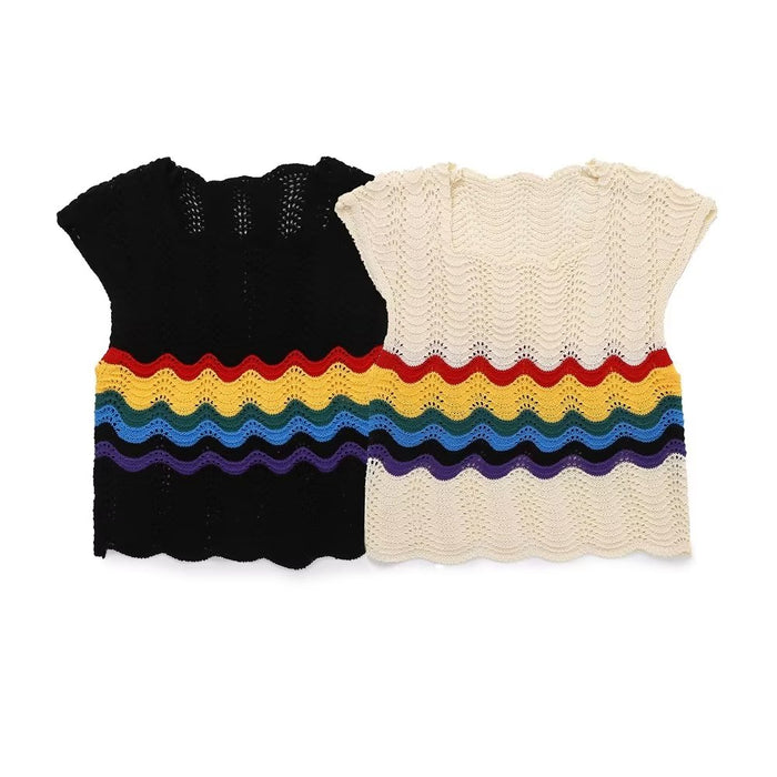 Knitted Vest Summer Contrast Color Striped Letters Crocheted Hollow Out Cutout Design round Neck Sweater Top-Fancey Boutique