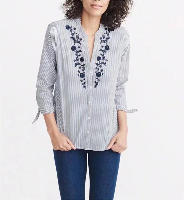 Blue White Striped Long Sleeve Polo Shirt Women Blouse Floral Embroidery Top-Fancey Boutique