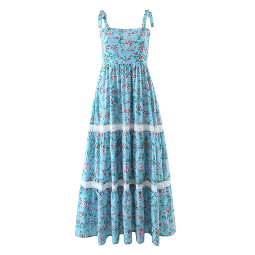 Color-Light Blue-Spring Autumn Floral Strap Dress Vacation Seaside Lace Printed Dress-Fancey Boutique