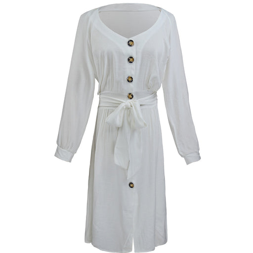 Color-White-Women Dress Long Sleeve V-neck Buttons Lace-up Solid Color Sexy Loose plus Size Dress-Fancey Boutique