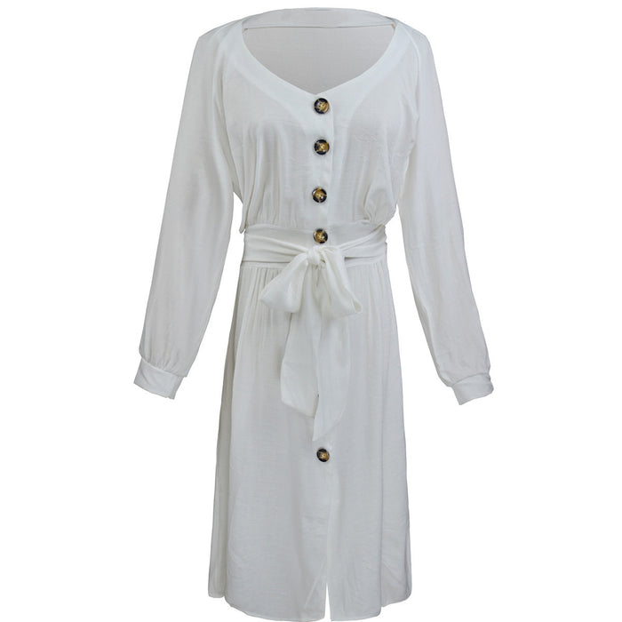 Color-White-Women Dress Long Sleeve V-neck Buttons Lace-up Solid Color Sexy Loose plus Size Dress-Fancey Boutique