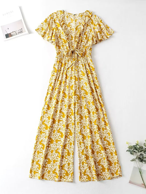 Color-Yellow-Spring Summer Two Color Chest Lace Up Printed Jumpsuit V Neck Cropped Outfit Wide Leg Trousers-Fancey Boutique