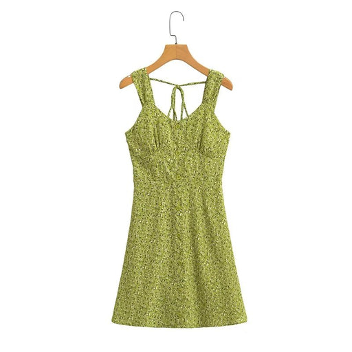 Summer French Vacation Green Single Breasted Square Collar Dress Wide Brimmed Cami Dress-Fancey Boutique