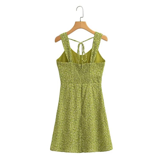 Summer French Vacation Green Single Breasted Square Collar Dress Wide Brimmed Cami Dress-Fancey Boutique