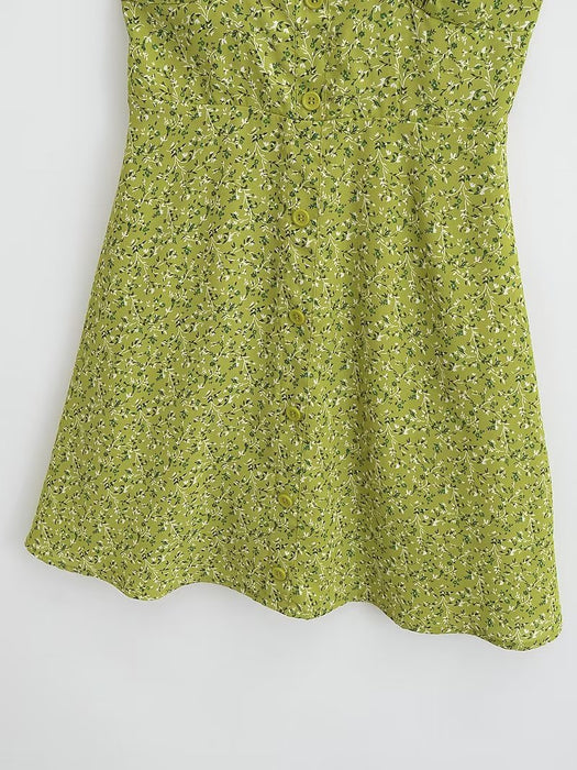 Summer French Vacation Green Single Breasted Square Collar Dress Wide Brimmed Cami Dress-Fancey Boutique